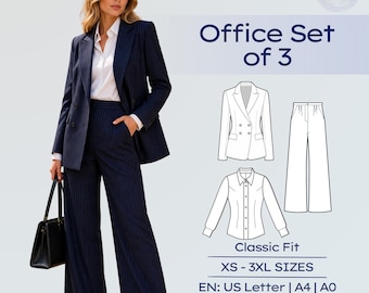 Büro Set Schnittmuster, Klassische Kragen Hemd, Hose mit weitem Bein Knopf, 4 Knöpfe Blazer