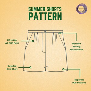 K&ouml;nnte beinhalten: Eine Schwarzwei&szlig;-Zeichnung einer Shorts mit dem Text "SUMMER SHORTS PATTERN" &uuml;ber dem Bild. Das Bild enth&auml;lt Text, der angibt, dass das Muster in den Gr&ouml;&szlig;en US Letter und AO PDF Print verf&uuml;gbar ist, und enth&auml;lt eine detaillierte Gr&ouml;&szlig;entabelle, N&auml;hanweisungen und separate PDF-Muster.