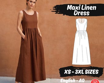 Molde para vestido maxi de linho com decote redondo e sem mangas, tamanhos do XS ao 3XL.