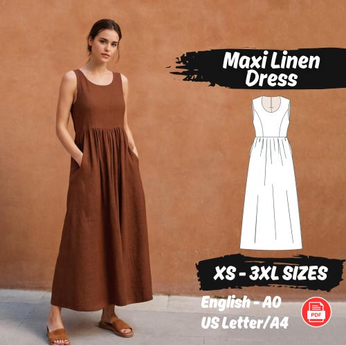 Linen Maxi Dress Sewing Pattern O Neck Sleeveless XS - 3XL Dress-Sizes Patterns