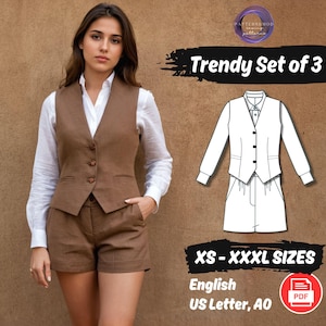Pode incluir: Um padrão de costura digital para um conjunto moderno de três peças: um colete, uma blusa e shorts. O padrão inclui tamanhos XS a XXXL e está disponível em inglês, impresso em papel A4 ou A0.