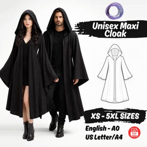 Può includere: Due persone indossano mantelli maxi unisex neri con cappuccio. I mantelli hanno maniche lunghe e fluenti. L'immagine include anche un disegno al tratto del mantello, il testo "Unisex Maxi Cloak" e informazioni sulle taglie: XS-5XL SIZES.