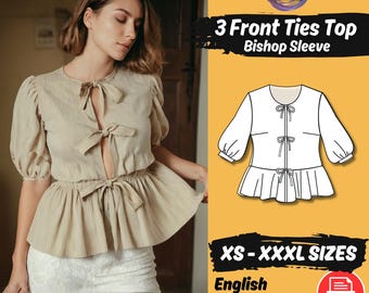 Peplum Blouse Sewing Pattern | Puffed Sleeves, Front Tie Top PDF Pattern