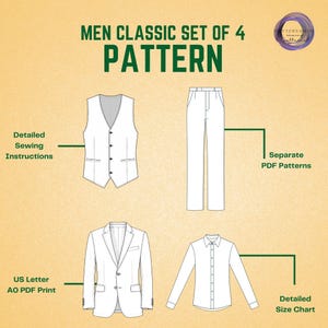 May include: Illustration of a classic men's clothing set, including a vest, pants, blazer, and button-down shirt. The image features the text "MEN CLASSIC SET OF 4 PATTERN" and labels indicating "Detailed Sewing Instructions," "Separate PDF Patterns," "US Letter AO PDF Print," and "Detailed Size Chart."