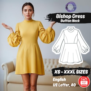 Bishop Sleeve Mini Dress Sewing Pattern, XS-3XL PDF Pattern