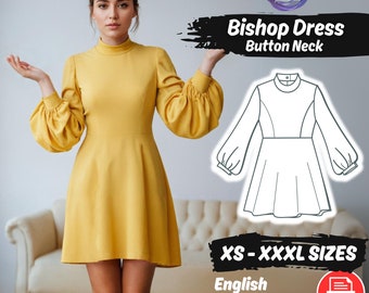 Bishop Sleeve Dress PDF Sewing Pattern, Formal Collared Dress Pattern, Mini Dress Long Sleeve Pattern XS - 3XL Pattern