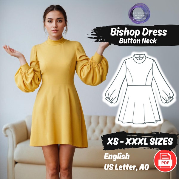 Bishop Sleeve Dress PDF Sewing Pattern, Formal Collared Dress Pattern, Mini Dress Long Sleeve Pattern XS - 3XL Pattern