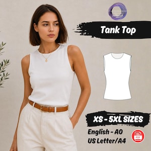 Könnte beinhalten: Ein weißes ärmelloses Tanktop mit Rundhalsausschnitt, getragen mit einem braunen Ledergürtel und einer hellen Hose. Das Bild enthält eine technische Strichzeichnung des Tanktops, den Text Tank Top, XS-5XL SIZES, English-A0 und US Letter/A4.