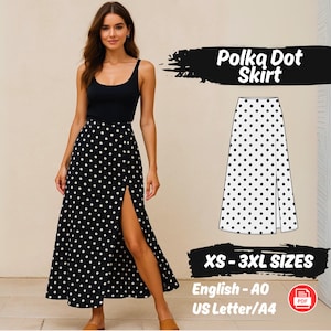 May include: A black and white polka dot skirt with a high slit, paired with a black tank top. The image also shows a pattern diagram and text that reads "Polka Dot Skirt" and "XS-3XL SIZES".