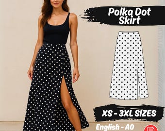 Polka Dot Maxi Skirt Sewing Pattern | A-Line Side Slit Skirt Digital Tutorial XS - 3XL
