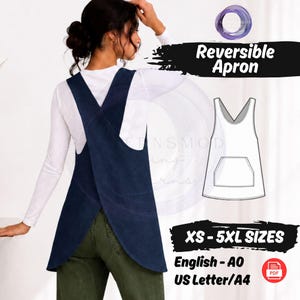 May include: A dark blue reversible apron with a cross-back design and a front pocket. The image includes a technical line drawing of the apron, the text Reversible Apron, XS-5XL SIZES, English-A0, and US Letter/A4, along with a PDF file icon.