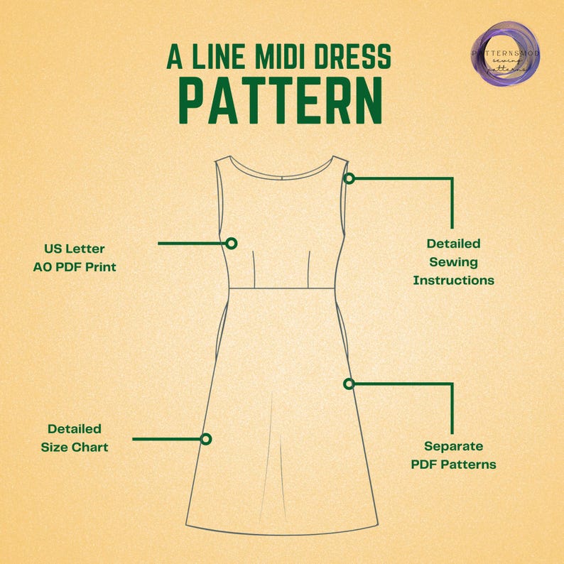 May include: A line midi dress sewing pattern with detailed instructions, a size chart, and separate PDF patterns. The pattern is available in US Letter and A0 PDF print sizes.