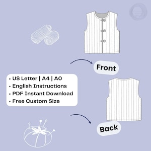 May include: A sewing pattern illustration showing the front and back views of a vest with vertical stripes and three buttons. The image includes text: US Letter, A4, AO, English Instructions, PDF Instant Download, and Free Custom Size.