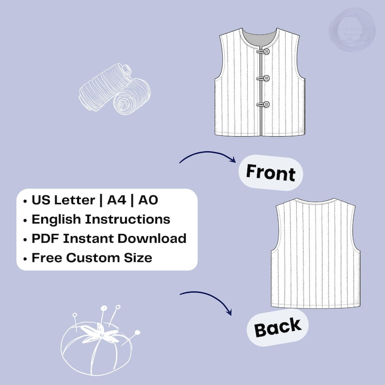 May include: A sewing pattern illustration showing the front and back views of a vest with vertical stripes and three buttons. The image includes text: US Letter, A4, AO, English Instructions, PDF Instant Download, and Free Custom Size.