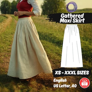 Puede incluir: Un patrón de costura digital para una falda maxi plisada. El patrón incluye instrucciones para las tallas XS-XXXXL y está disponible en inglés, impreso en papel A4 o A0.