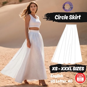 Pode incluir: Um padrão de costura para saia circular branca, tamanhos XS-XXXXL. O padrão é impresso em papel US Letter e A0 e está disponível em inglês. O padrão é mostrado em uma modelo usando uma saia branca.