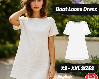 Linen Mini Dress Sewing Pattern, Flare Sleeve Dress with Boat Neckline Instant Download Tutorial