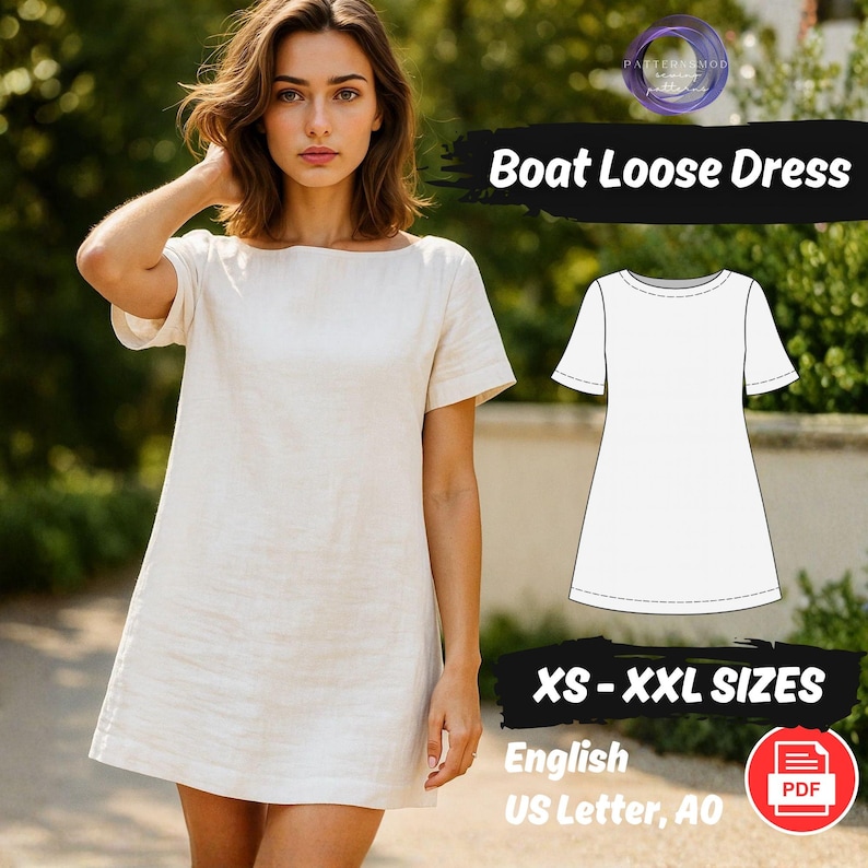 Linen Mini Dress Sewing Pattern, Flare Sleeve Dress with Boat Neckline Instant Download Tutorial image 1
