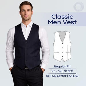 May include: A navy blue pinstripe vest with a classic design. The vest has a V-neck, button closure, and two front pockets. The image also includes a diagram of the vest and the text "Classic Men Vest".