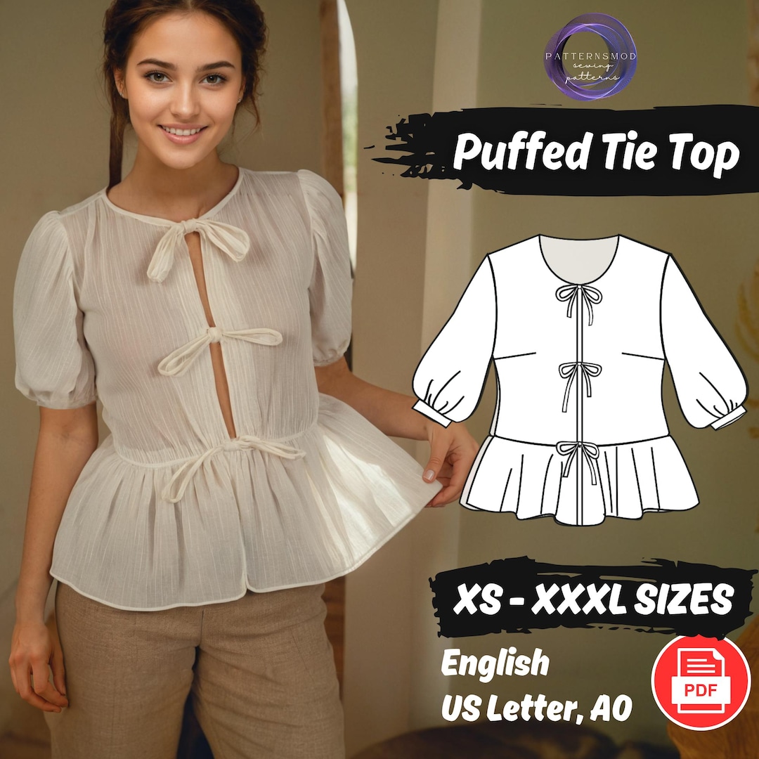 Puffed Sleeve Peplum Top Sewing Pattern | Front Tie, XS-XXXL Blouse PDF ...