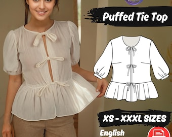 Puffed Sleeve Peplum Top Sewing Pattern | Front Tie, XS-XXXL Blouse PDF Pattern