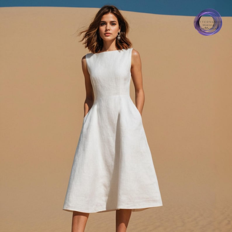 A Line Dress Sewing Pattern, Women Linen Sleeveless Dress Tutorial, Summer Midi Formal Outfit image 2
