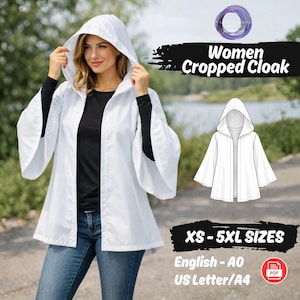May include: A white cropped cloak with a hood and wide sleeves. The cloak is shown on a person wearing a black shirt and blue jeans. The image includes the text "Women Cropped Cloak" and size options from XS to 5XL.
