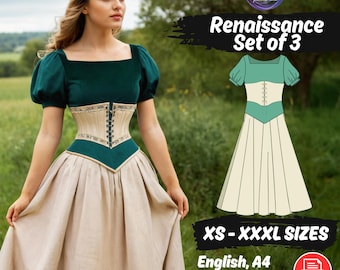 Renaissance Skirt Corset Shirt Sewing Pattern Set, Medieval Outfit Bundle PDF Pattern