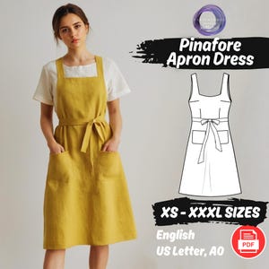 Schürze Kleid Schnittmuster | Taschen Leinen Kleid PDF Pattern | Cottagecore Viereckiger Ausschnitt Schürze Kleid Muster | Vintage Schürze