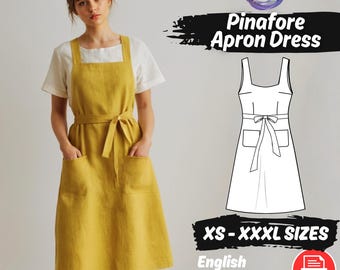 Pinafore Apron Dress Sewing Pattern | Pockets Linen Dress PDF Pattern | Cottagecore Square Neckline Apron Dress Pattern | Vintage Apron
