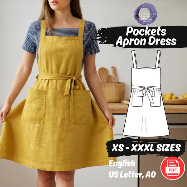 Apron Sewing Pattern, Women Pinafore Dress Project, Cottagecore Linen Long Tunic Beginner Pattern