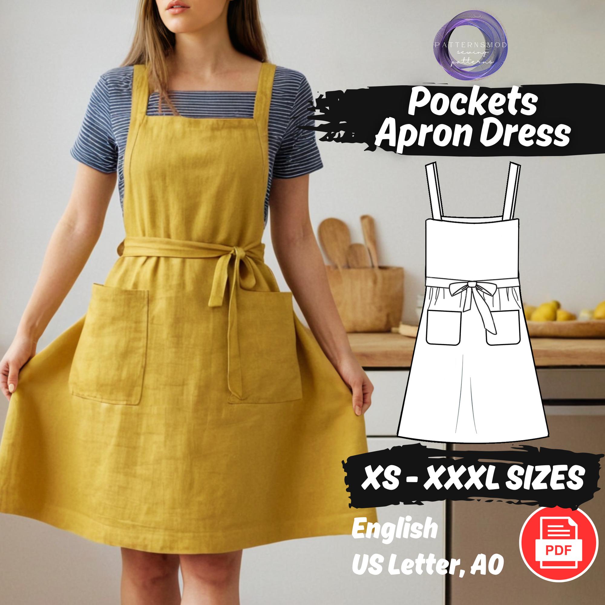 Apron Sewing Pattern, Women Pinafore Apron Dress Pattern, Cottage Core Linen Dress Sewing Pattern, Pockets Apron Dress PDF Pattern