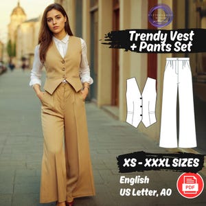 Waistcoat and Palazzo Pants Sewing Pattern, Women's Trendy Set PDF Pattern