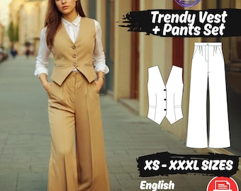 Waistcoat and Palazzo Pants Sewing Pattern, Women's Trendy Set PDF Pattern