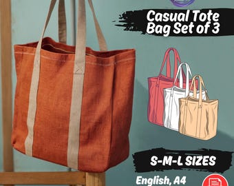 Tote Bag Sewing Pattern, Beginner Friendly 3 Sizes Shopping Pouch with Handles PDF Pattern