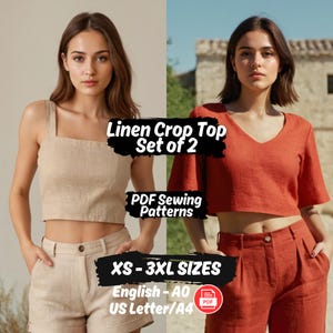 May include: Two women modeling linen crop tops in beige and rust colors. The image includes text that reads "Linen Crop Top Set of 2", "PDF Sewing Patterns", and "XS-3XL SIZES". The text also includes "English - AO" and "US Letter/A4".