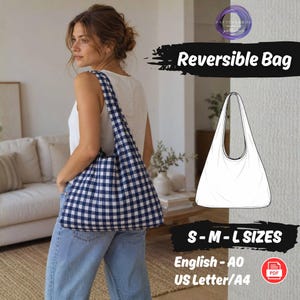 May include: A blue and white gingham print shoulder bag with a wide strap. The image includes text reading Reversible Bag, S-M-L SIZES, English-A0, US Letter/A4, and a line drawing of the bag shape with a PDF icon in a red circle.