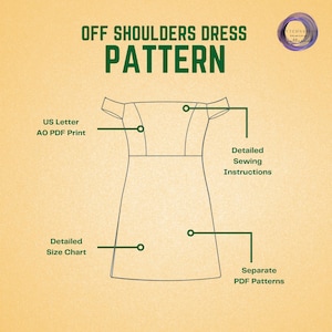 May include: An illustration of an off-shoulder dress pattern with the text "OFF SHOULDERS DRESS PATTERN" in green. The image includes labels for "US Letter AO PDF Print", "Detailed Size Chart", "Detailed Sewing Instructions", and "Separate PDF Patterns".