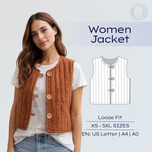Peut inclure: Un gilet matelassé de couleur rouille avec des boutons en bois. Le gilet est porté sur un t-shirt blanc et un jean bleu. L'image comprend le texte "Women Jacket", "Loose Fit", et "XS - 5XL SIZES".
