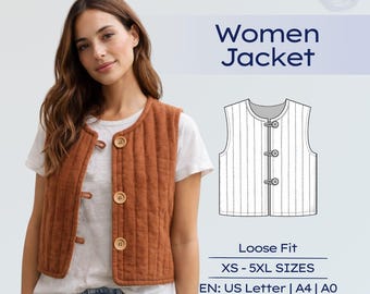 May include: A quilted, rust-colored vest with wooden buttons. The vest is worn over a white t-shirt and blue jeans. The image includes the text "Women Jacket", "Loose Fit", and "XS - 5XL SIZES".