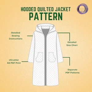 May include: A white, quilted hooded jacket pattern with a zipper closure and two front pockets. The image includes text that reads "Hooded Quilted Jacket Pattern", "Detailed Sewing Instructions", "Detailed Size Chart", and "Separate PDF Patterns".