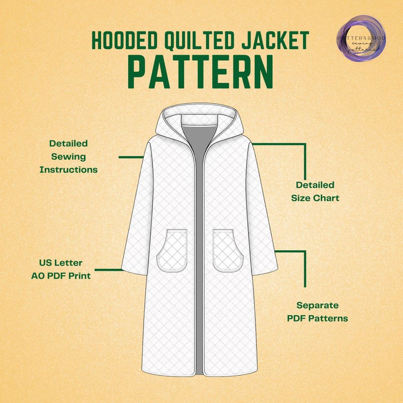 Hooded Jacket Sewing Pattern Women Quilted Coat Beginner Pattern XXS ...