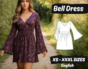 Bell Sleeve Mini Dress Sewing Pattern, A-Line V-Neck  Long Tunic PDF Pattern