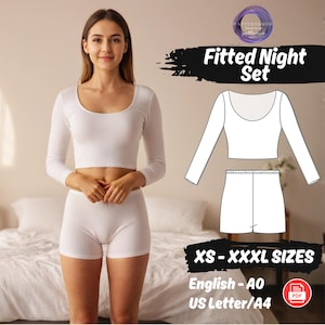 Patroon loungekledingset dames | Pyjamatop en short met lange mouwen PDF | Gemakkelijke naai-tutorial voor nachtkleding