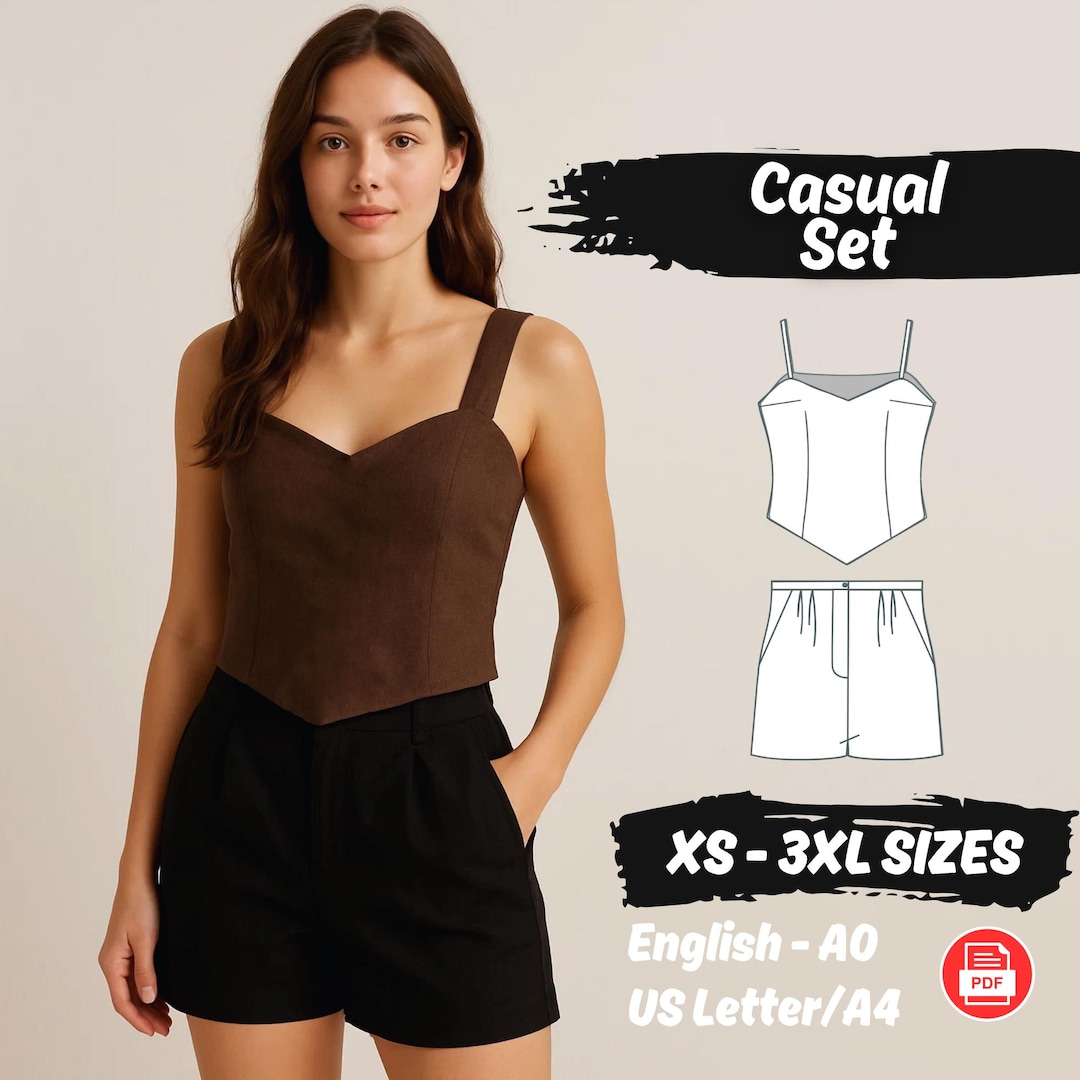Casual Crop Top and Linen Shorts Sewing Pattern | V Neck Tank Shirt PDF ...