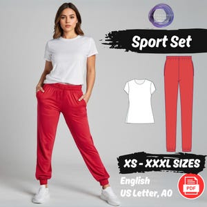 May include: A digital sewing pattern for a red sport set, including a t-shirt and sweatpants. The pattern is available in sizes XS-XXXXL and is printed on US Letter and A0 paper. The pattern is in English and is a PDF download.