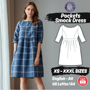 Smock Dress Sewing Pattern, Women Linen Dress Pattern, Midi Dress with Pockets Sewing Pattern, Easy Dress Pattern, PDF Digital Download