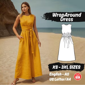 Patrón de costura para vestido cruzado. Vestido cruzado de lino sin mangas. Tutorial en PDF para principiantes.