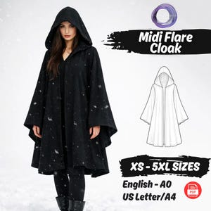 May include: A black midi flare cloak with a hood, shown on a person. The image includes a line drawing of the cloak and text that reads "Midi Flare Cloak" and "XS-5XL SIZES". The pattern is available in English.