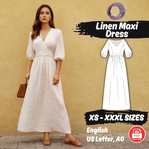 Linen Dress Sewing Pattern, Maxi Dress Pattern, Bishop Sleeve Dress Pattern, V Neck Maxi Linen Dress Pattern, Easy Gathered Dress Pattern